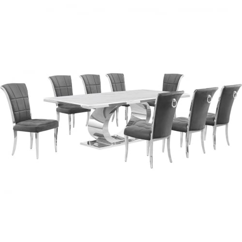 D432 9 Piece Dining Set in White Marble, Polished Stainless Steel & Dark Gray Velvet