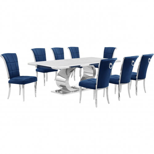 D432 9 Piece Dining Set in White Marble, Polished Stainless Steel & Navy Blue Velvet