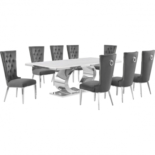 D432 9 Piece Dining Set in White Marble, Polished Stainless Steel & Dark Gray Velvet