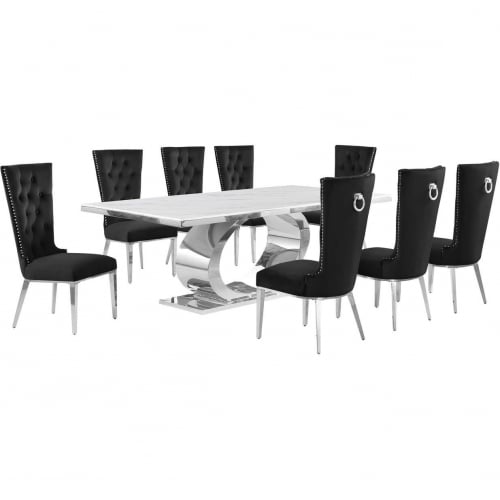 D432 9 Piece Dining Set in White Marble, Polished Stainless Steel & Black Velvet