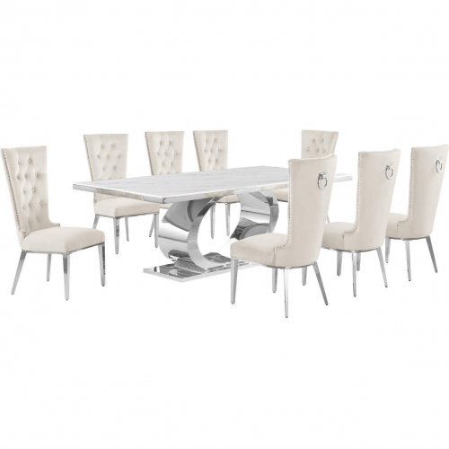 D432 9 Piece Dining Set in White Marble, Polished Stainless Steel & Cream Velvet