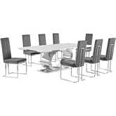 D432 9 Piece Dining Set in White Marble, Polished Stainless Steel & Dark Gray Velvet