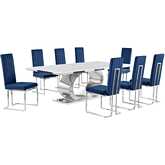 D432 9 Piece Dining Set in White Marble, Polished Stainless Steel & Navy Blue Velvet