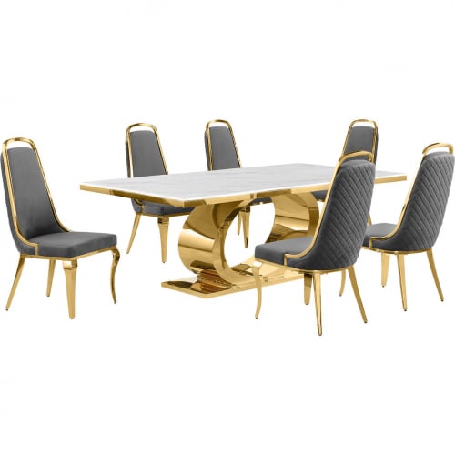 D433 7 Piece Dining Set in White Marble, Polished Gold Stainless Steel & Dark Gray Velvet