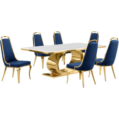 D433 7 Piece Dining Set in White Marble, Polished Gold Stainless Steel & Navy Blue Velvet