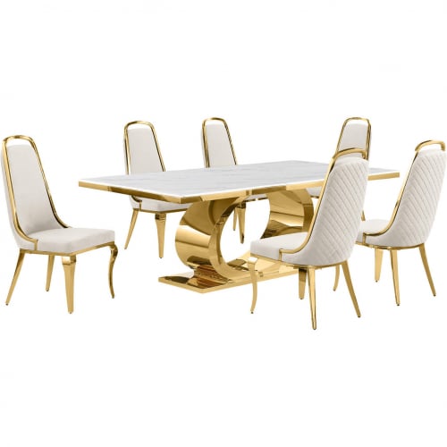 D433 7 Piece Dining Set in White Marble, Polished Gold Stainless Steel & Cream Velvet