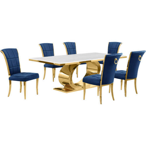 D433 7 Piece Dining Set in White Marble, Polished Gold Stainless Steel & Navy Blue Velvet