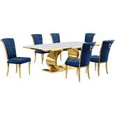 D433 7 Piece Dining Set in White Marble, Polished Gold Stainless Steel & Navy Blue Velvet