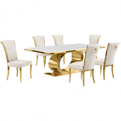 D433 7 Piece Dining Set in White Marble, Polished Gold Stainless Steel & Cream Velvet