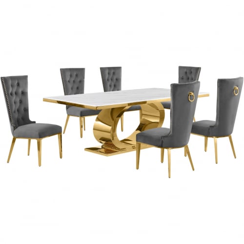 D433 7 Piece Dining Set in White Marble, Polished Gold Stainless Steel & Dark Gray Velvet