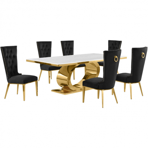 D433 7 Piece Dining Set in White Marble, Polished Gold Stainless Steel & Black Velvet