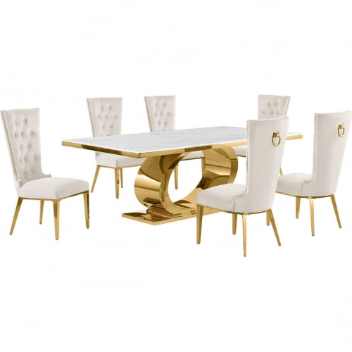 D433 7 Piece Dining Set in White Marble, Polished Gold Stainless Steel & Cream Velvet