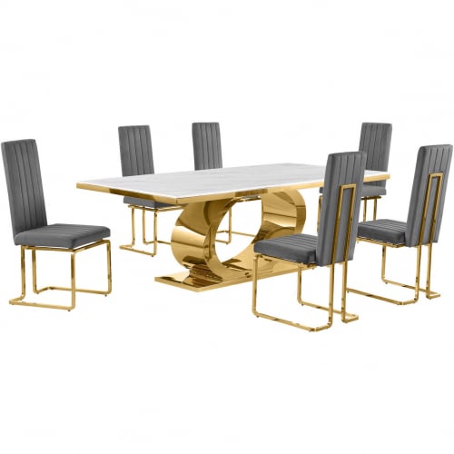 D433 7 Piece Dining Set in White Marble, Polished Gold Stainless Steel & Dark Gray Velvet