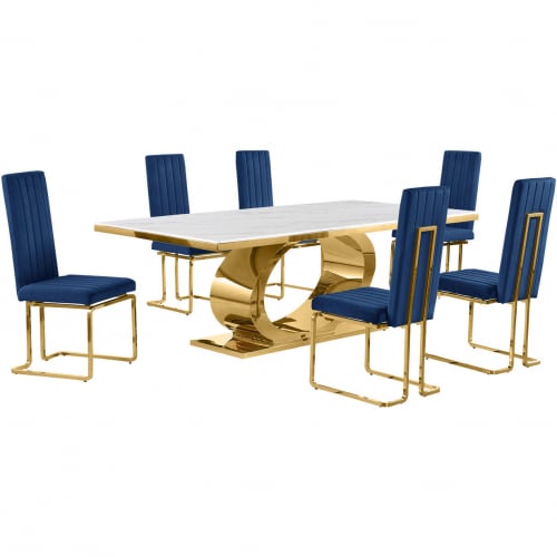 D433 7 Piece Dining Set in White Marble, Polished Gold Stainless Steel & Navy Blue Velvet