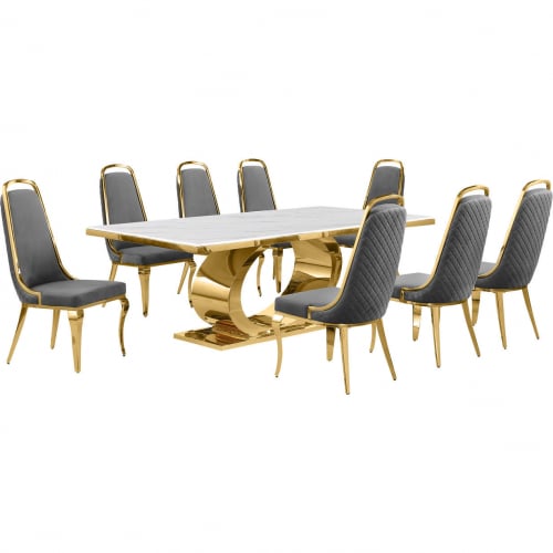 D433 9 Piece Dining Set in White Marble, Polished Gold Stainless Steel & Dark Gray Velvet