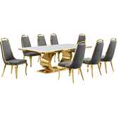 D433 9 Piece Dining Set in White Marble, Polished Gold Stainless Steel & Dark Gray Velvet