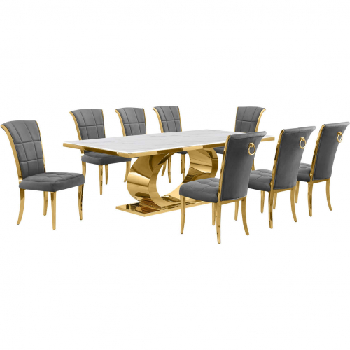 D433 9 Piece Dining Set in White Marble, Polished Gold Stainless Steel & Dark Gray Velvet