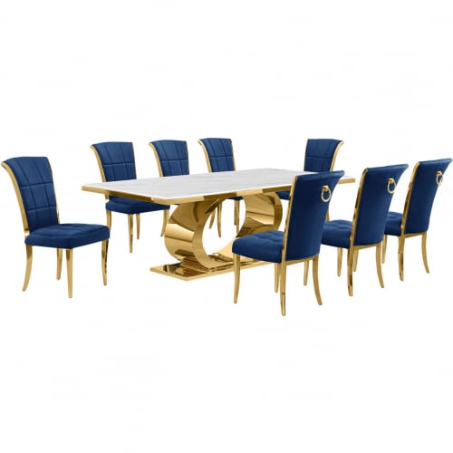 D433 9 Piece Dining Set in White Marble, Polished Gold Stainless Steel & Navy Blue Velvet