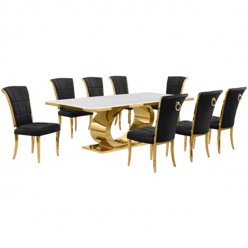 D433 9 Piece Dining Set in White Marble, Polished Gold Stainless Steel & Black Velvet