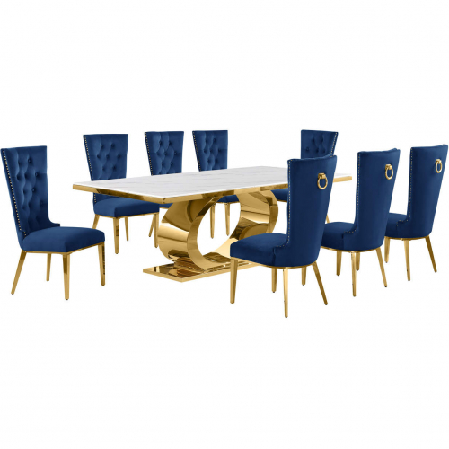 D433 9 Piece Dining Set in White Marble, Polished Gold Stainless Steel & Navy Blue Velvet