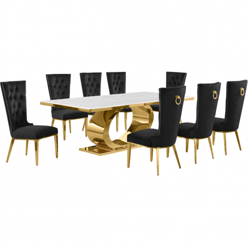 D433 9 Piece Dining Set in White Marble, Polished Gold Stainless Steel & Black Velvet