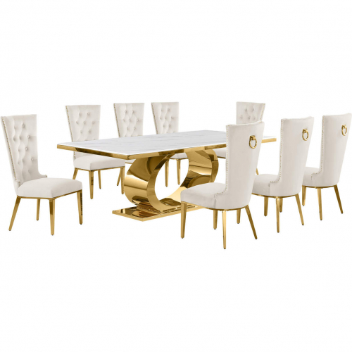 D433 9 Piece Dining Set in White Marble, Polished Gold Stainless Steel & Cream Velvet