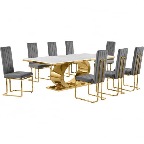 D433 9 Piece Dining Set in White Marble, Polished Gold Stainless Steel & Dark Gray Velvet