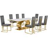 D433 9 Piece Dining Set in White Marble, Polished Gold Stainless Steel & Dark Gray Velvet