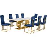 D433 9 Piece Dining Set in White Marble, Polished Gold Stainless Steel & Navy Blue Velvet