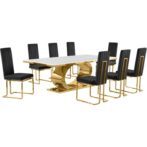 D433 9 Piece Dining Set in White Marble, Polished Gold Stainless Steel & Black Velvet