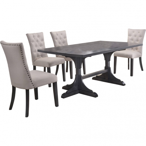 D44 5 Piece Gray Wood Dining Set in Tufted Light Gray Linen & Gray Wood