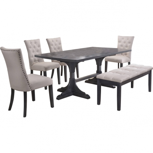 D44 6 Piece Gray Wood Dining Set in Tufted Light Gray Linen & Gray Wood