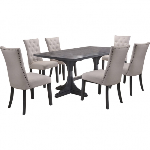 D44 7 Piece Gray Wood Dining Set in Tufted Light Gray Linen & Gray Wood