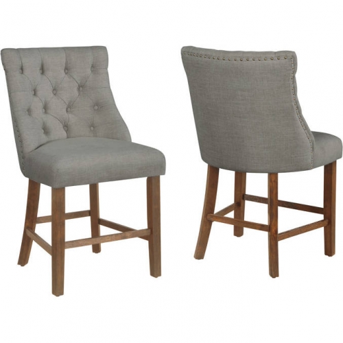 D45 Counter Dining Chair in Tufted Gray Linen & Walnut Finish Wood (Set of 2)