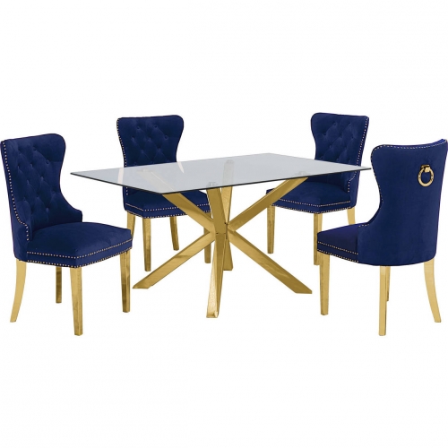 D61 5 Piece Dining Set in Glass, Gold Stainless Steel & Navy Blue Velvet