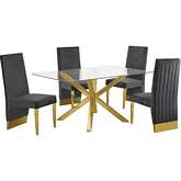 D61 5 Piece Dining Set in Glass, Gold Stainless Steel & Dark Gray Velvet