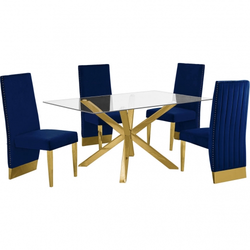 D61 5 Piece Dining Set in Glass, Gold Stainless Steel & Navy Blue Velvet