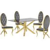 D61 5 Piece Dining Set in Glass, Gold Stainless Steel & Dark Gray Velvet