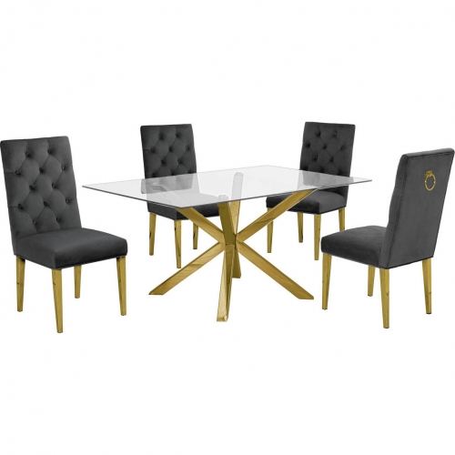 D61 5 Piece Dining Set in Glass, Gold Stainless Steel & Dark Gray Velvet