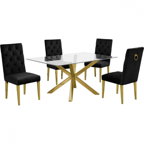 D61 5 Piece Dining Set in Glass, Gold Stainless Steel & Black Velvet