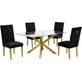 D61 5 Piece Dining Set in Glass, Gold Stainless Steel & Black Velvet