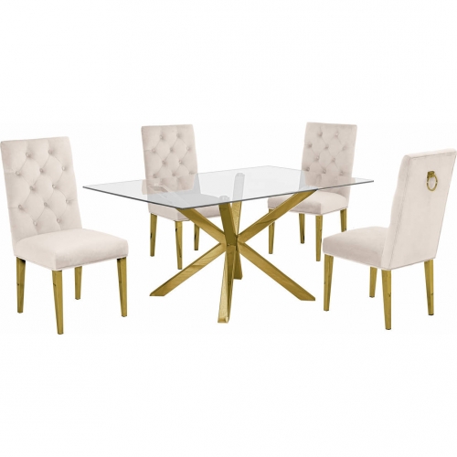 D61 5 Piece Dining Set in Glass, Gold Stainless Steel & Cream Velvet