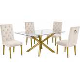 D61 5 Piece Dining Set in Glass, Gold Stainless Steel & Cream Velvet