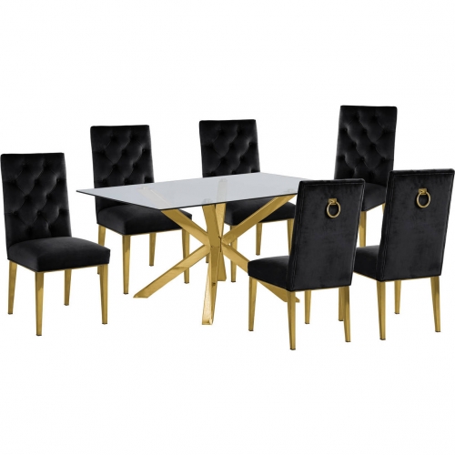 D61 7 Piece Dining Set in Glass, Gold Stainless Steel & Black Velvet