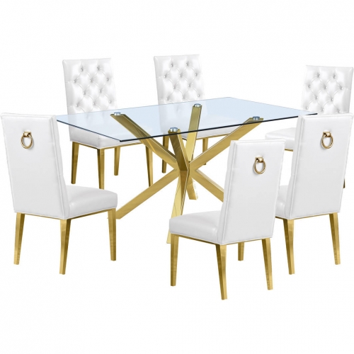 D61 7 Piece Dining Set in Glass, Gold Stainless Steel & White Leatherette