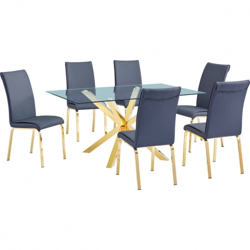 D61 7 Piece Dining Set in Glass, Gold Stainless Steel & Dark Gray Leatherette