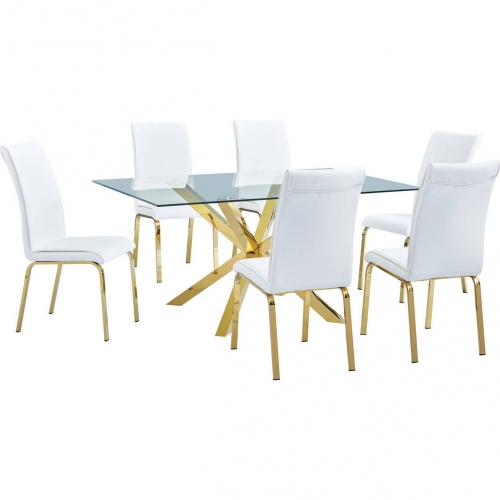 D62 7 Piece Dining Set in Glass, Gold Stainless Steel & White Leatherette