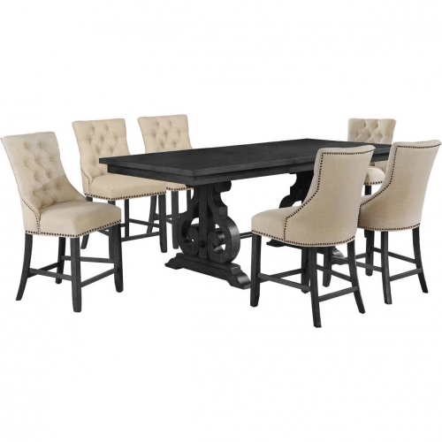 D91 7 Piece Counter Dining Set in Tufted Beige Linen & Dark Gray Wood