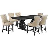 D91 7 Piece Counter Dining Set in Tufted Beige Linen & Dark Gray Wood