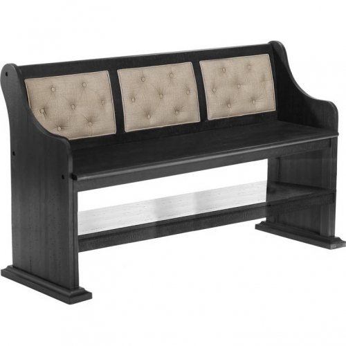 D91 Counter Dining Bench in Tufted Dark Beige Linen & Dark Gray Wood